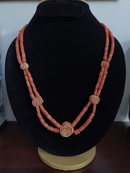 Buy Double-Strand Natural Coral Mala with Carved Rose shaped coral