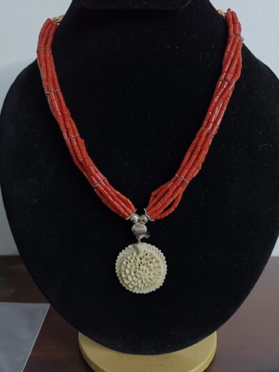 Buy Multi-Strand Natural Coral Mala with Carved Floral Pendant