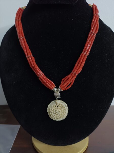 Buy Multi-Strand Natural Coral Mala with Carved Floral Pendant