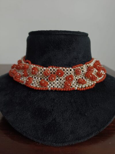 Buy Woven Coral and Pearl Choker with Carved Coral Roses