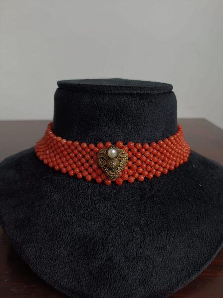 Buy Woven Coral Choker with Vintage Heart and Pearl Accent