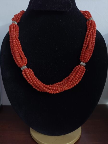 Buy Multi-Strand Natural Coral Mala with Silver Accents